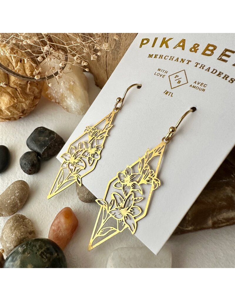PIKA & BEAR TIGRIS RAW BRASS RHOMBUS FLOWERS DROP EARRINGS