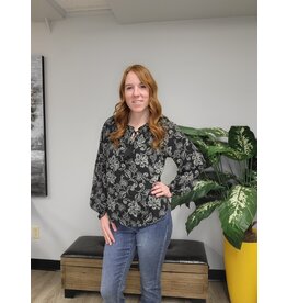 L/S FLORAL BLOUSE W/ TASSELS