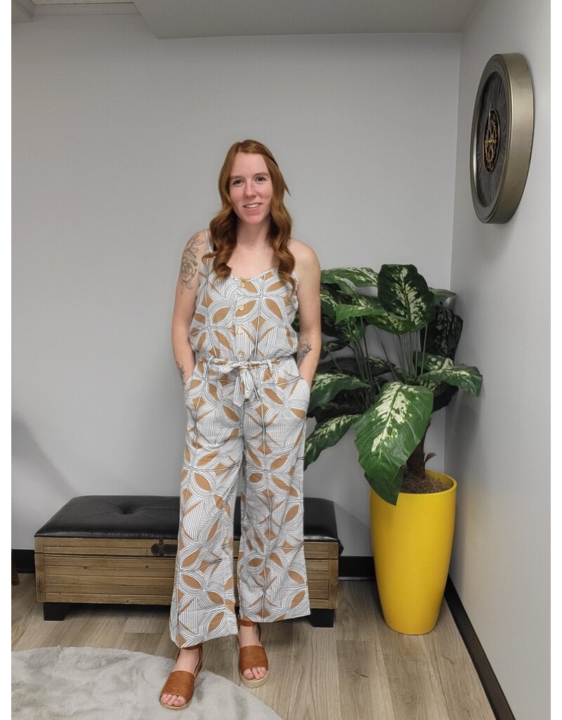 TRIBAL BUTTON FRONT JUMPSUIT WITH BELT