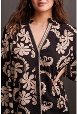 TRIBAL L/S BTN FRT BLOUSE W/ SMOCKED COLLAR