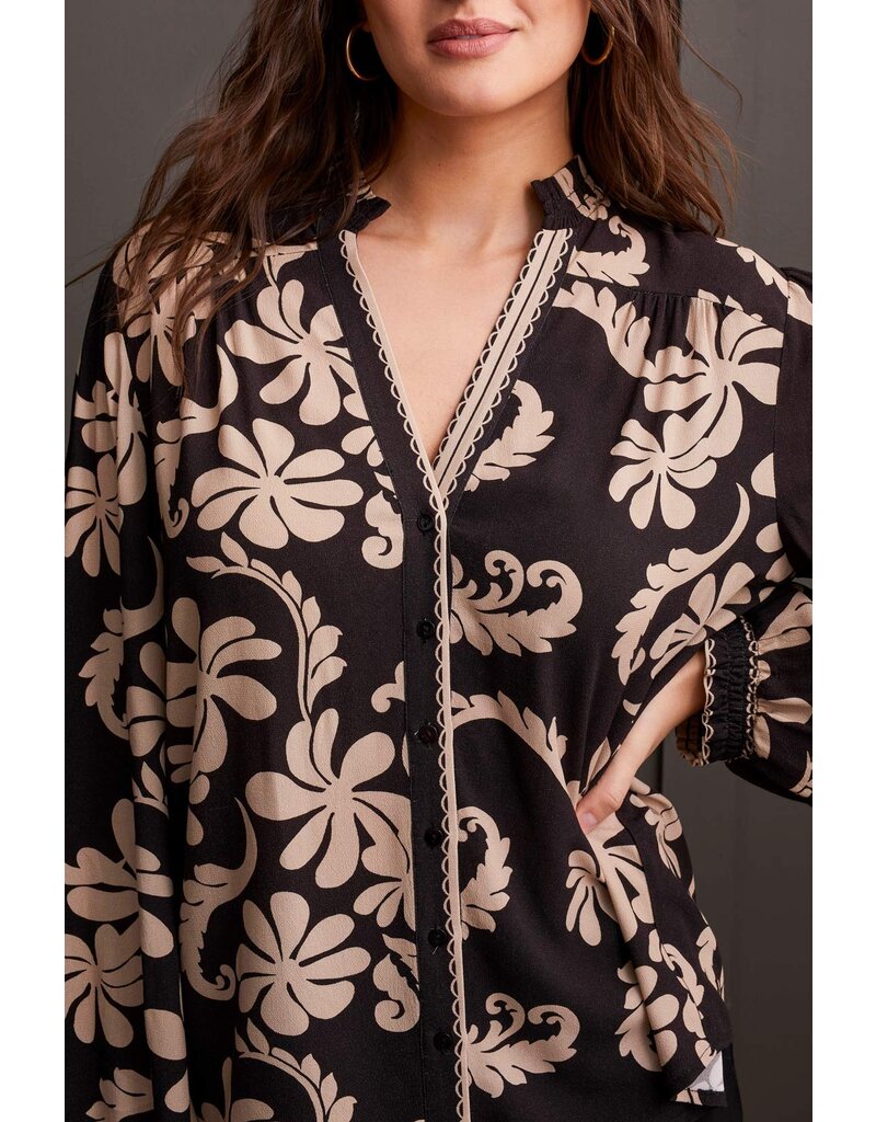 TRIBAL L/S BTN FRT BLOUSE W/ SMOCKED COLLAR