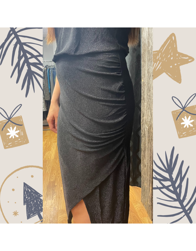 BLACK MYLAR ROUCHED DRESS