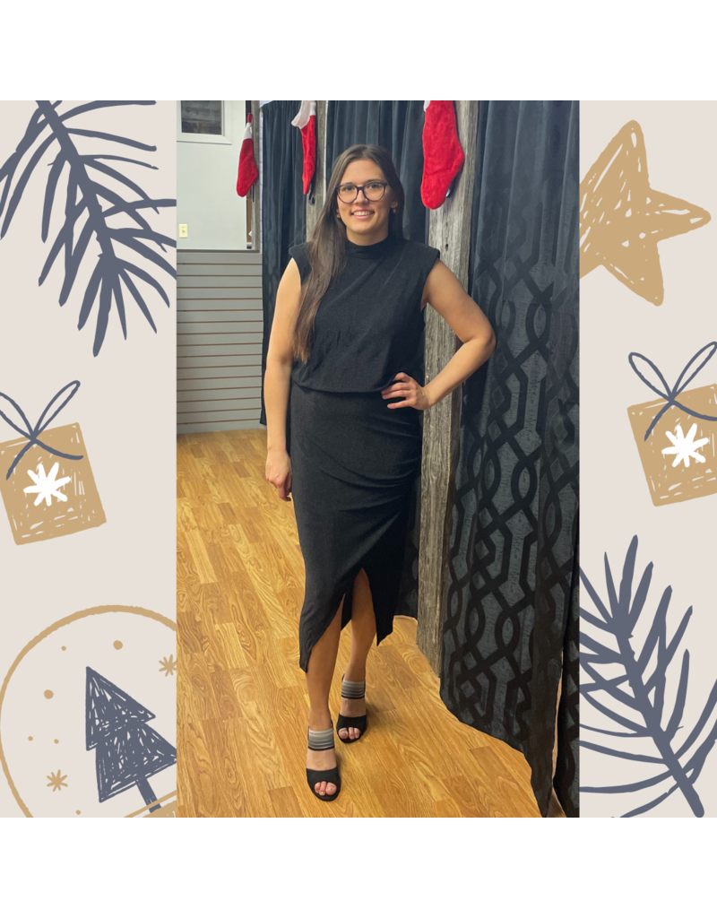 BLACK MYLAR ROUCHED DRESS