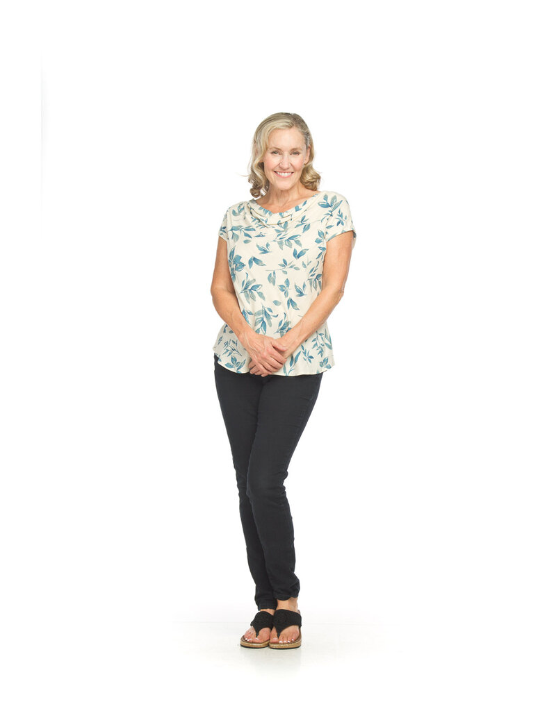 LINEN BLEND DRAPE NECK T SHIRT