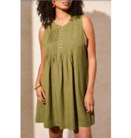 TRIBAL SLVLESS PLEATED DRESS LODEN - LINEN COTTON