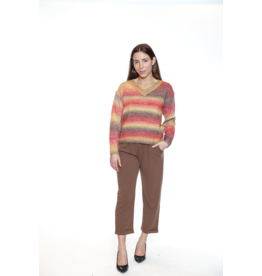 V NECK STRIPED SWEATER BROWN