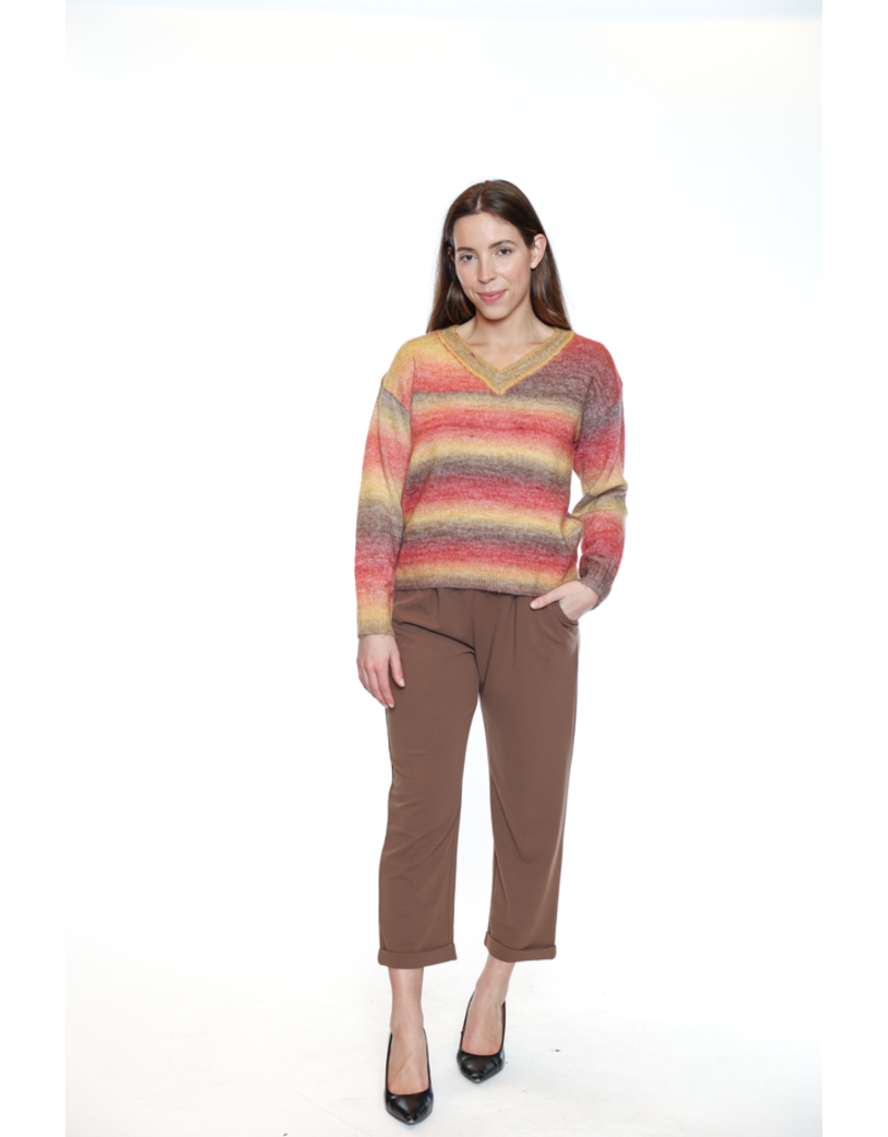 V NECK STRIPED SWEATER BROWN