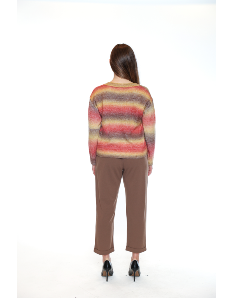 V NECK STRIPED SWEATER BROWN