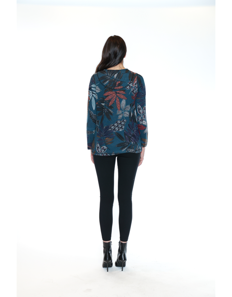 TEAL PATTERNED CREW NECK POCKETED TOP