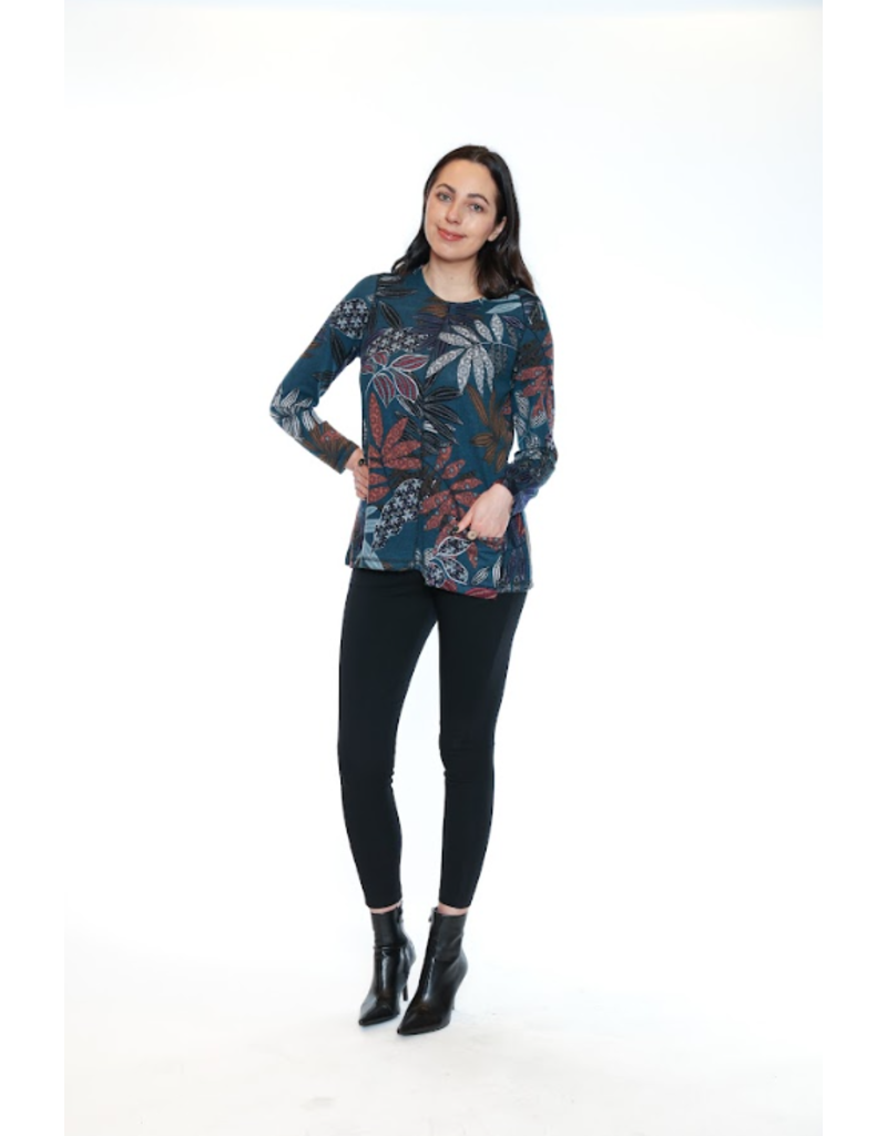 TEAL PATTERNED CREW NECK POCKETED TOP