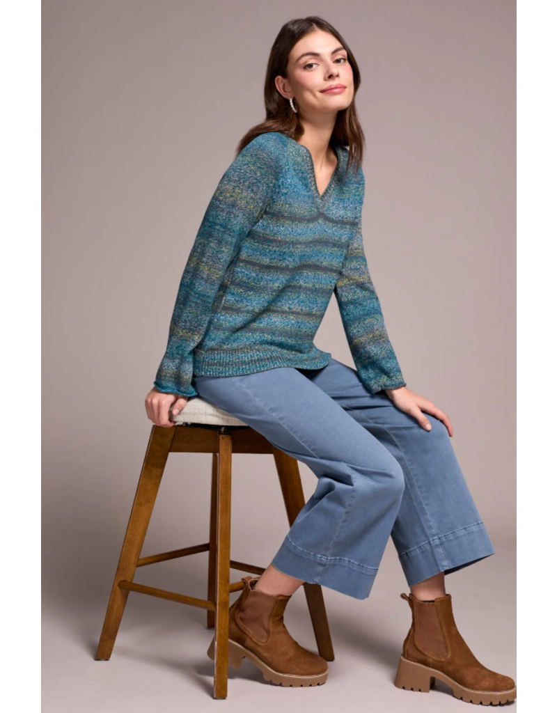 TRIBAL V- NECK COTTON SWEATER CELESTIAL