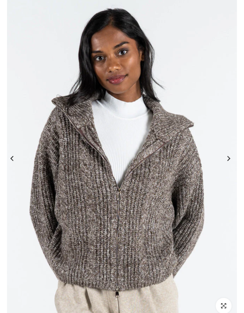 C'EST MOI MELANGE BROWN ZIP FRONT CARDIGAN