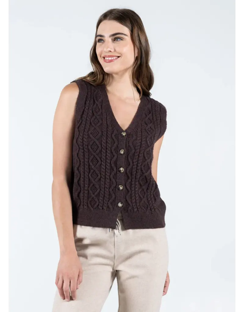 C'EST MOI BUTTON DOWN CABLE KNIT VEST COFFEE