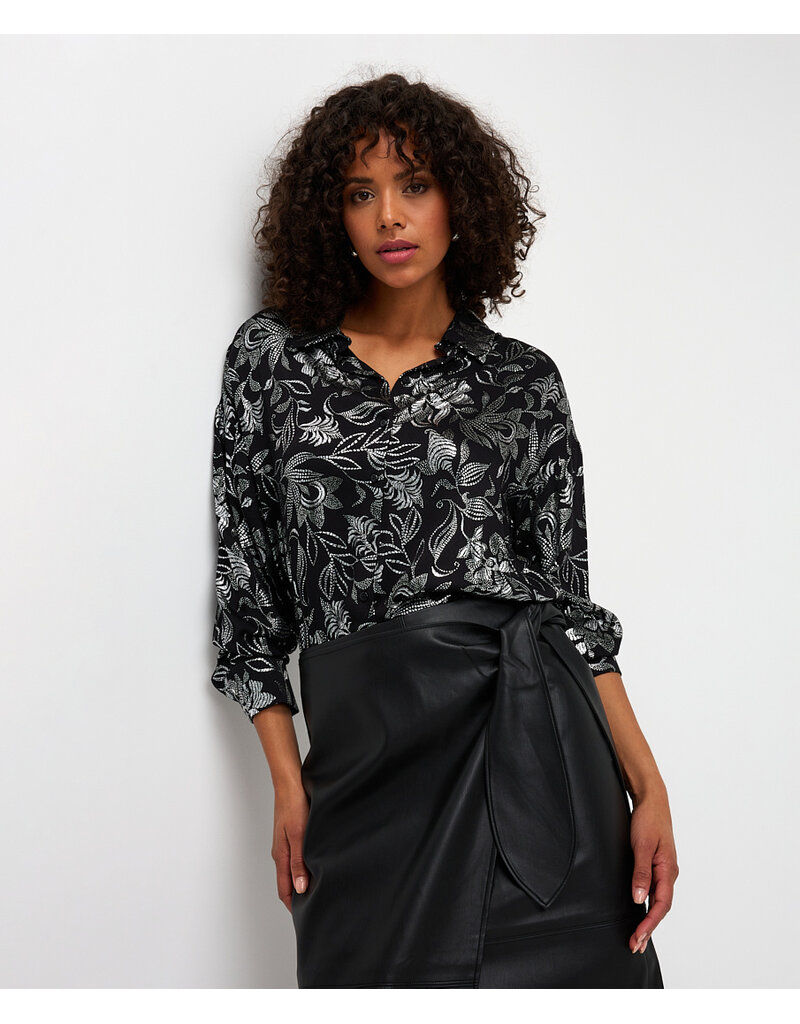 BLOUSE BLACK w/SILVER FLORAL PRINT