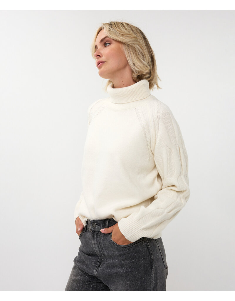 CREAM SWEATER w/CABLE SLEEVE - COTTON BLND