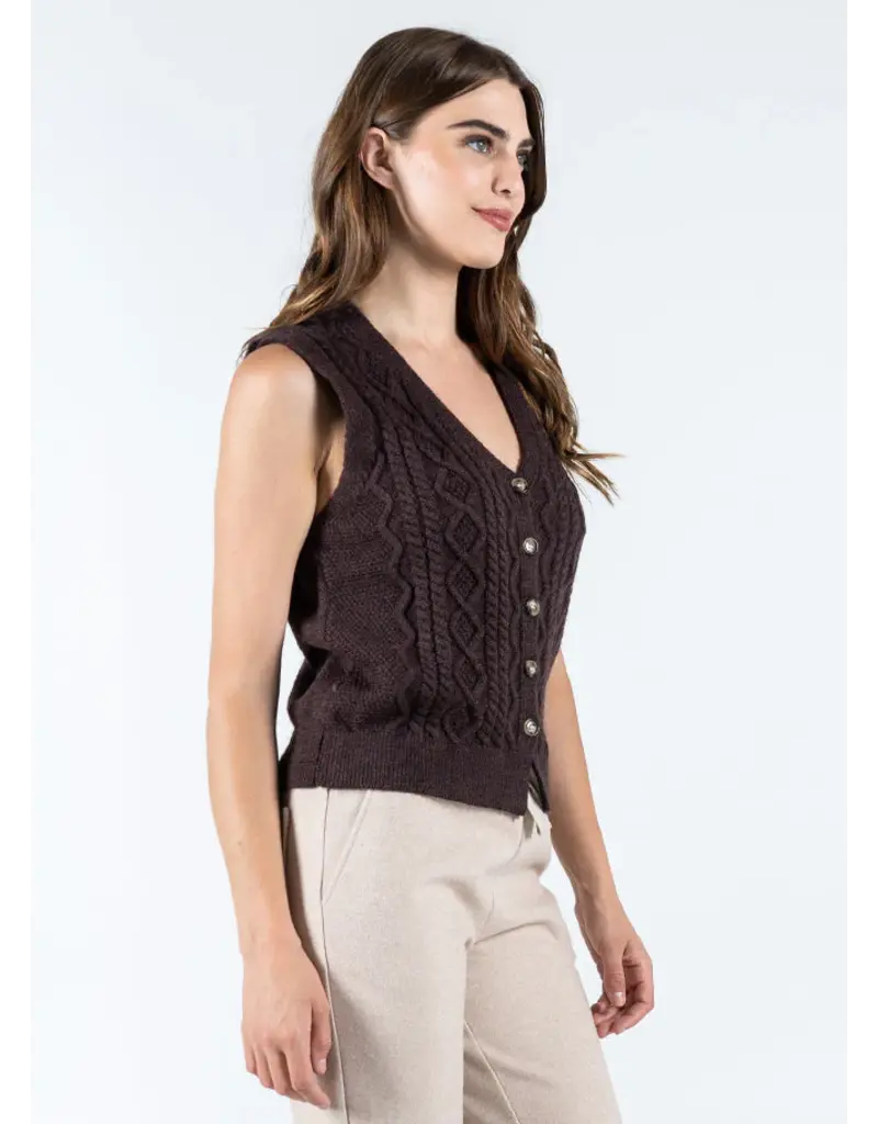 C'EST MOI BUTTON DOWN CABLE KNIT VEST COFFEE
