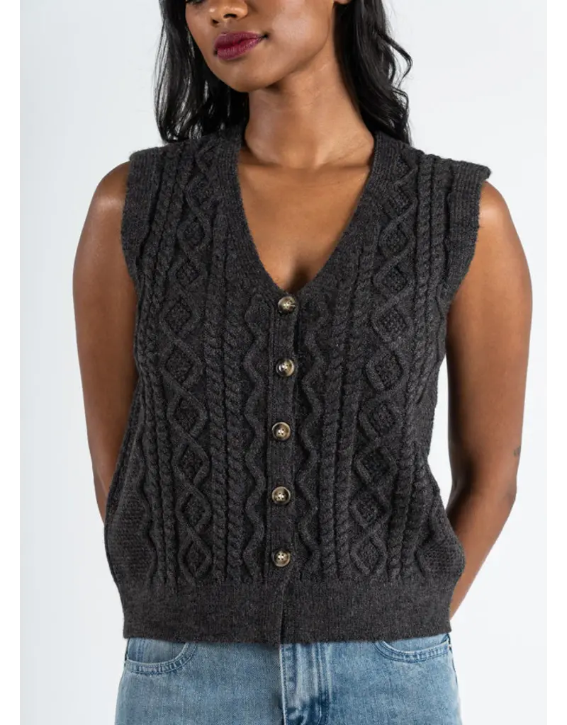 C'EST MOI BUTTON DOWN CABLE KNIT VEST COFFEE