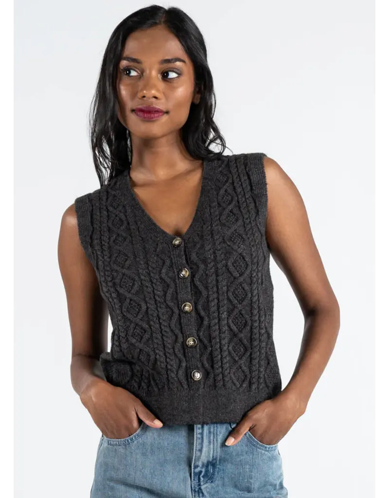 C'EST MOI BUTTON DOWN CABLE KNIT VEST COFFEE