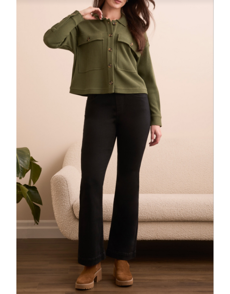 TRIBAL CROP WAFFLE KNIT SHACKET- SPRUCE