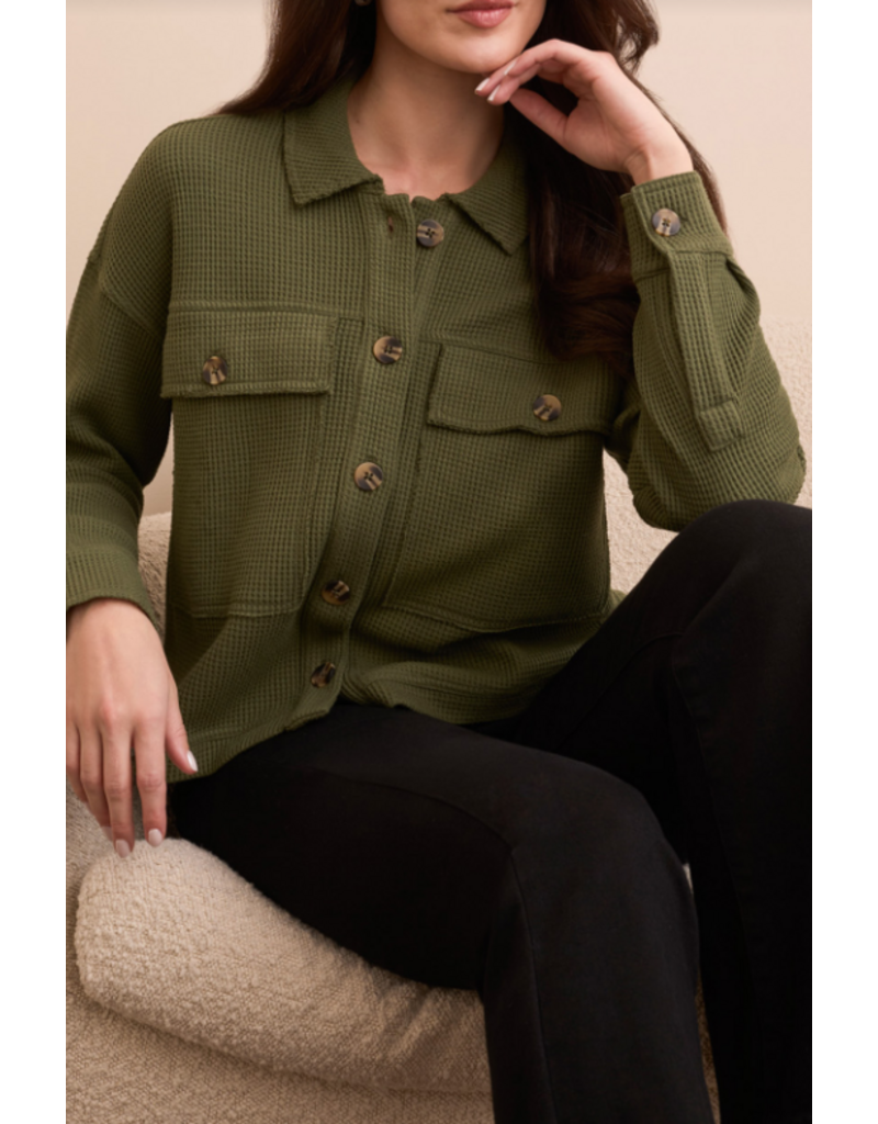 TRIBAL CROP WAFFLE KNIT SHACKET- SPRUCE