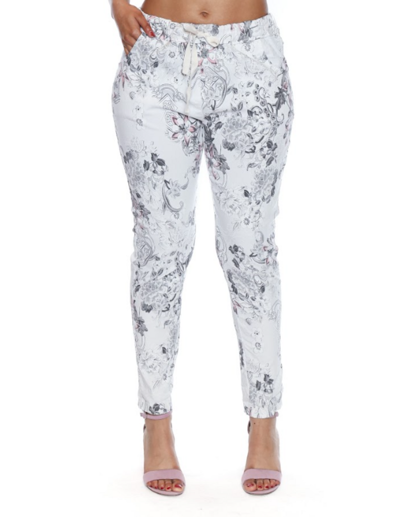 FLORAL DESIGN PRINTED PANTS WHITE
