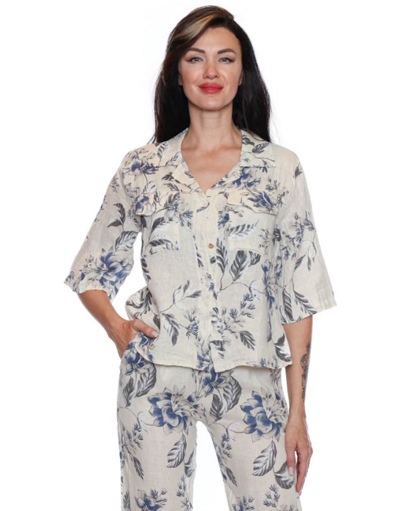 LINEN FLORAL BUTTON BLOUSE