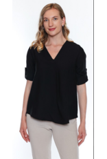 V NECK TOP W. ROLLED SLEEVE BLACK