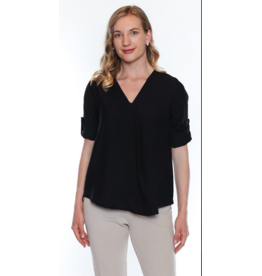 V NECK TOP W. ROLLED SLEEVE BLACK