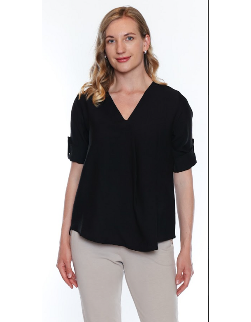V NECK TOP W. ROLLED SLEEVE BLACK