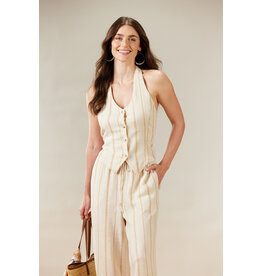 TRIBAL BUTTON FRONT HALTER TOP - DRIFTWOOD - LINEN BLEND