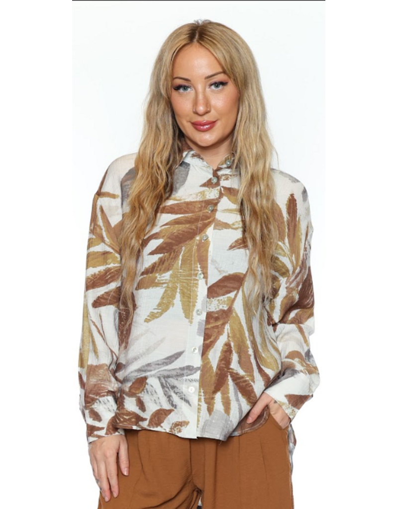 TAUPE PRINTED BUTTON UP BLOUSE