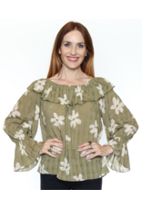 OLIVE FLORAL PRINT TOP w/FLOWY SLV