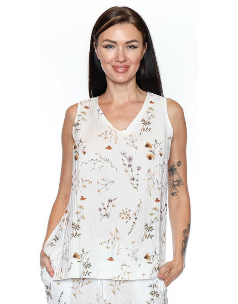WHITE FLORAL PRINT TEXTURED TANK