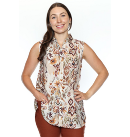 BROWN PRINTED COLLARED BUTTON DOWN TANK
