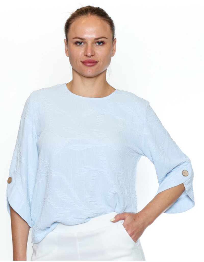 BLUE TEXTURED ¾ SLV w/BUTTON DETAIL