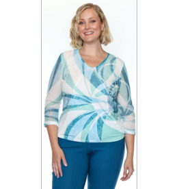 BLUE PRINTED ¾ SLV w/LACE SLV LACE OVERLAY