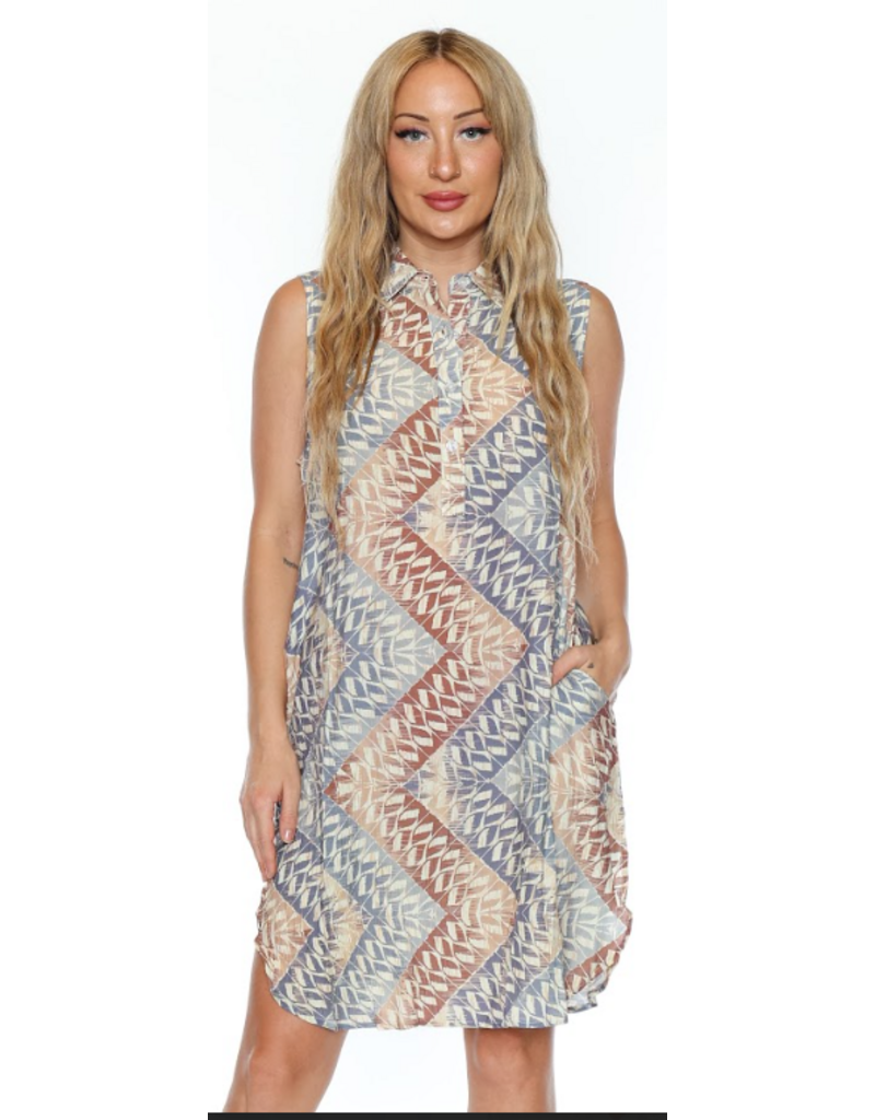 COLLARED PRINTED DRESS w/POCKETS