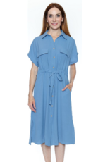COLLARED BLUE S/SLV BUTTON UP DRESS w/BELT