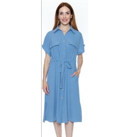 COLLARED BLUE S/SLV BUTTON UP DRESS w/BELT
