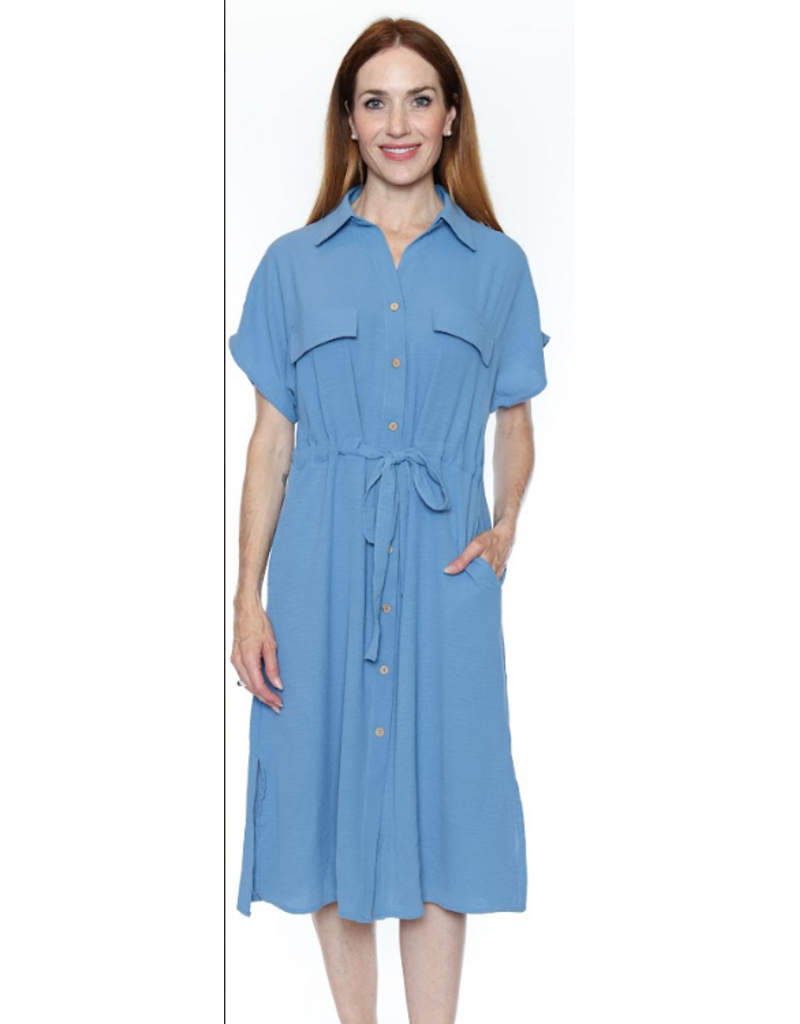 COLLARED BLUE S/SLV BUTTON UP DRESS w/BELT