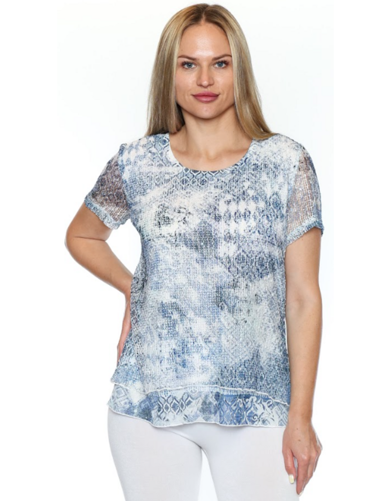 PRINTED MESH/LACE LAYERED TOP