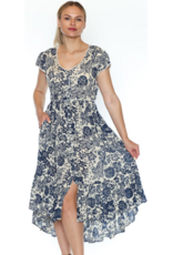 NAVY PRINTED HI-LOW DRESS w/BUTTONS
