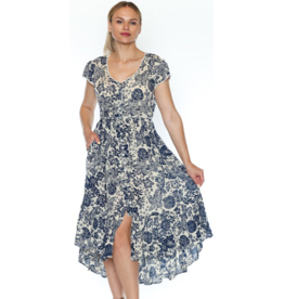 NAVY PRINTED HI-LOW DRESS w/BUTTONS