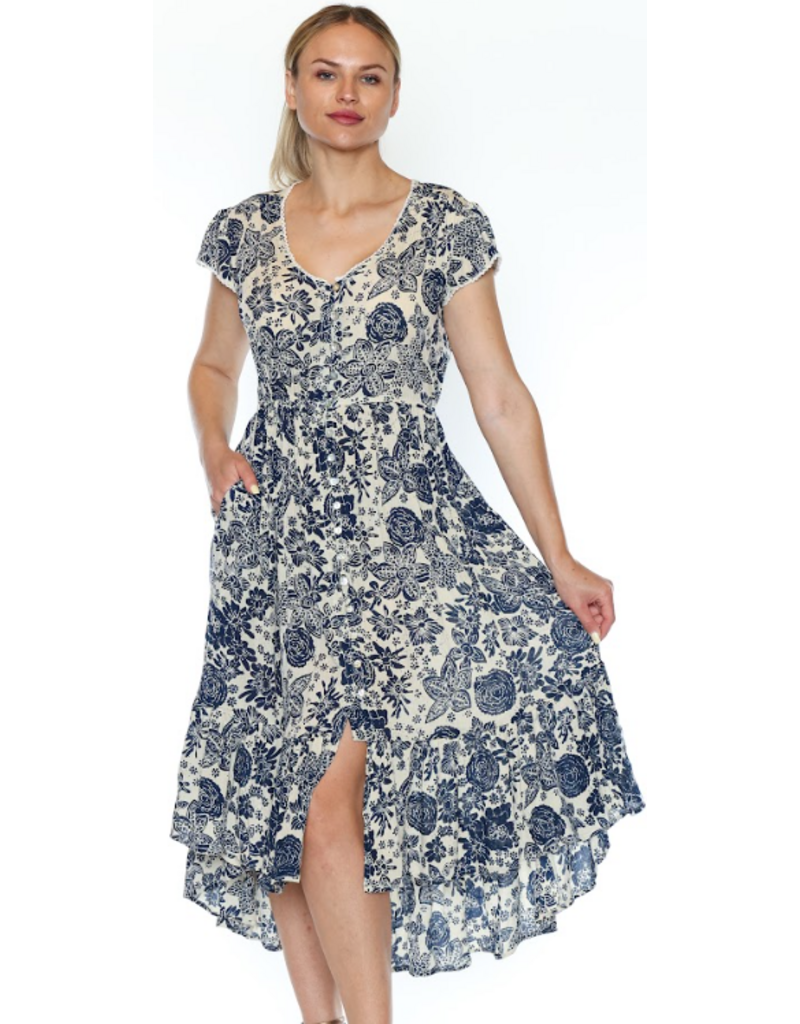 NAVY PRINTED HI-LOW DRESS w/BUTTONS