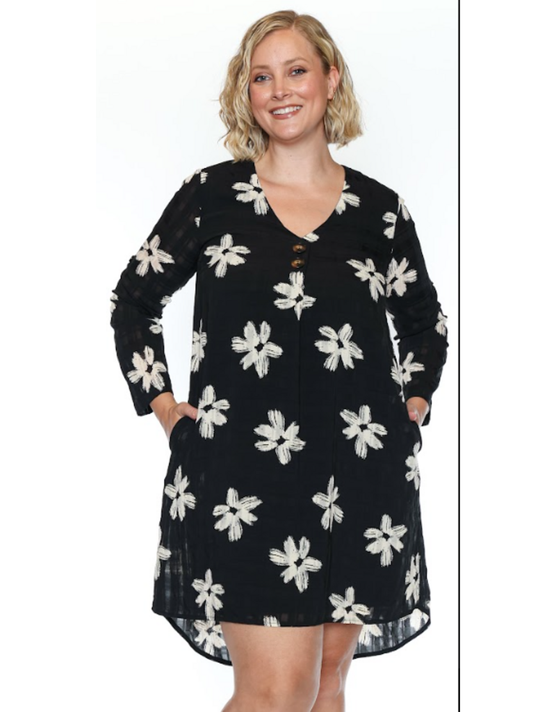 PRINTED L/S DRESS w/POCKETS