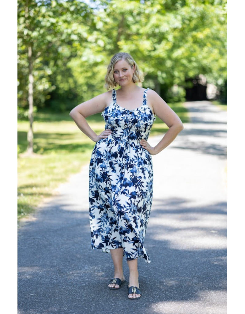 PRINTED DRESS w/ROUSCHING