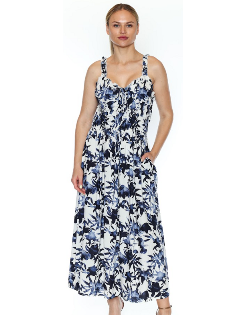 PRINTED DRESS w/ROUSCHING