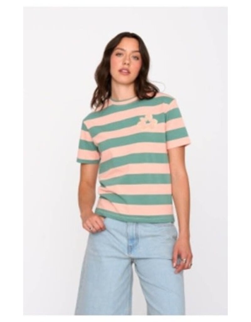24COLOURS GREEN & PINK STRIPED T-SHIRT W. FLOWER