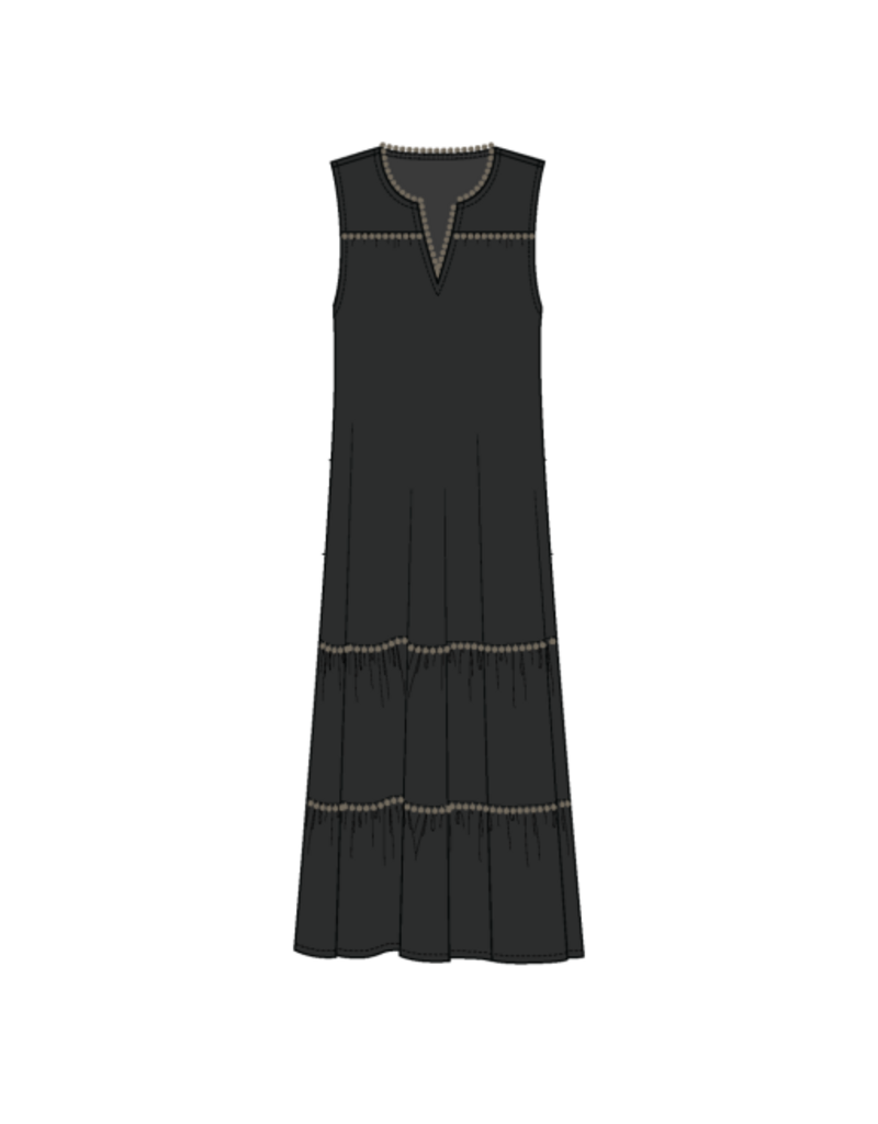 TRIBAL SLVLESS V NECK DRESS W/DETAIL TRIM-BLACK