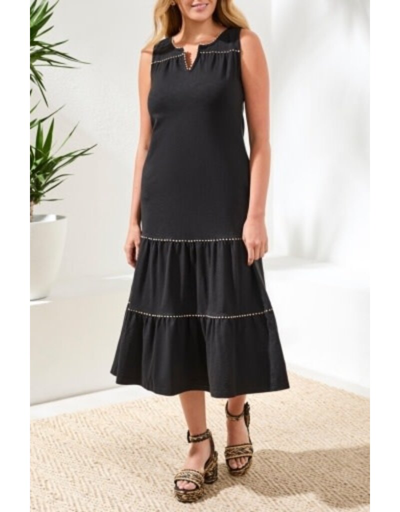 TRIBAL SLVLESS V NECK DRESS W/DETAIL TRIM-BLACK